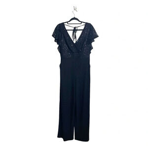 Chaps Black Sequin V-neck Flutter Sleeve Open Back Jumpsuit 8 Women’s